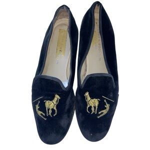 Stubbs & Wootton Black Velvet gold embroidered falling polo player Loafers10 1/2